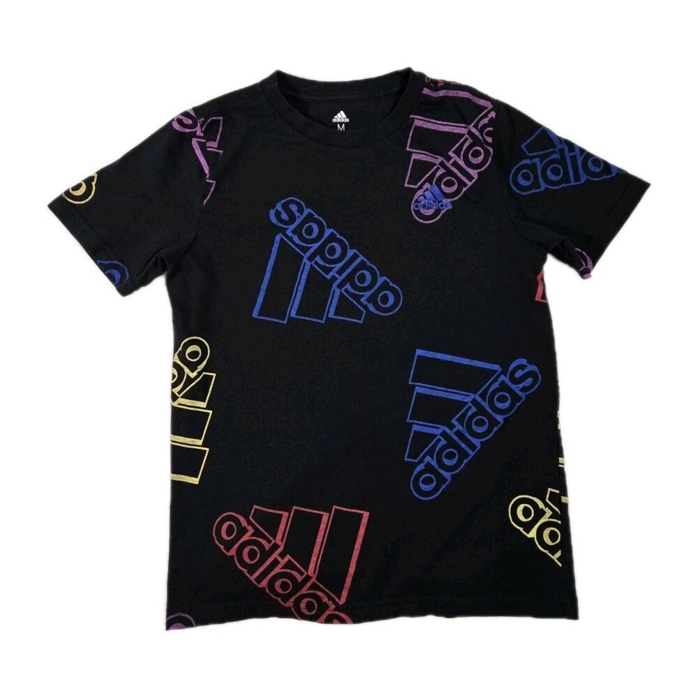 Boys Adidas Short Sleeve All Over Print T Shirt Black Medium 10 12
